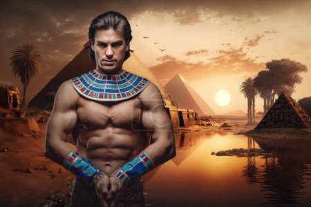 Foto de Obra de arte del hombre con el torso desnudo en Egipto antiguo con pirámides. - Imagen libre de derechos