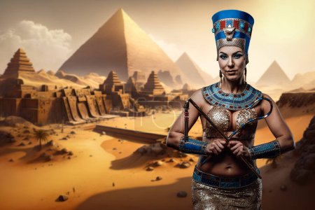 Photo for Portrait of glamor pharaoh woman holding whip and hook in cross. - Royalty Free Image