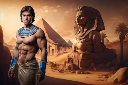 Photo for Portrait of antique egyptian man with naked torso in desert with pyramids. - Royalty Free Image