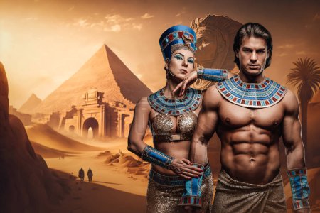 Téléchargez les photos : Artwork of graceful pharaoh woman with muscular man with naked torso near pyramids. - en image libre de droit