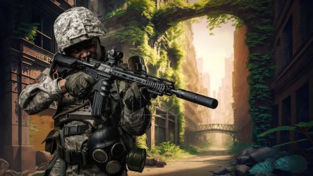 Foto de Art of serviceman with rifle and camouflage uniform in destroyed city street. - Imagen libre de derechos