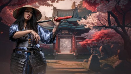 Téléchargez les photos : Art of samurai woman dressed in kimono holding two swords against sakura forest. - en image libre de droit