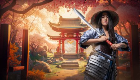 Téléchargez les photos : Portrait de femme samouraï tenant l'épée contre le temple et la forêt de sakura. - en image libre de droit
