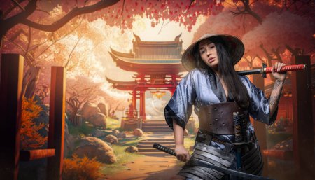 Photo for Portrait of elegant female samurai dressed in kimono and hat against temple. - Royalty Free Image
