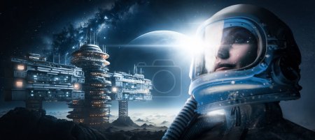 Foto de Retrato de cosmonauta con sombreros y futurista estación espacial y planeta. - Imagen libre de derechos