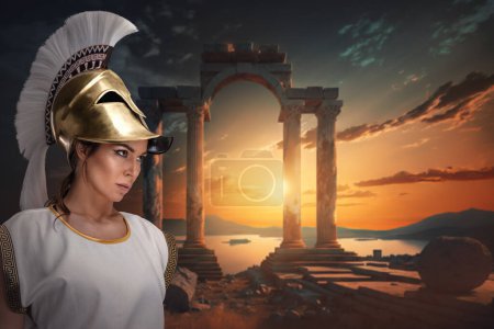 Photo for Art of brave female soldier from antique greece against sunset and lake. - Royalty Free Image