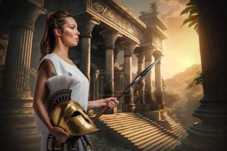 Photo for Art of warrior woman with plumed helmet and spear around greek building. - Royalty Free Image