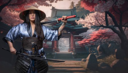 Foto de Portrait of elegant female samurai dressed in kimono and hat against temple. - Imagen libre de derechos