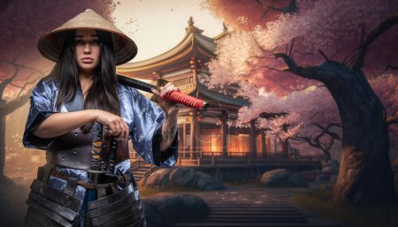 Photo for Art of samurai woman dressed in kimono holding two swords against sakura forest. - Royalty Free Image