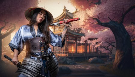 Téléchargez les photos : Portrait of japanese female warrior dressed in kimono and holding paired katanas. - en image libre de droit