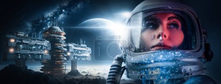 Photo for Portrait of cosmonaut with headwear and futuristic space station and planet. - Royalty Free Image