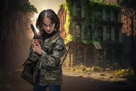 Photo for Portrait of kid girl in setting of post apocalypse in ruined city with overgrown buildings. - Royalty Free Image