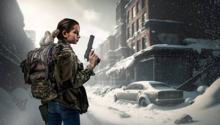 Téléchargez les photos : Portrait de jeune fille avec sac à dos et pistolet contre la ville enneigée abandonnée. - en image libre de droit