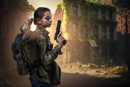 Photo for Portrait of young girl with backpack dressed in camouflage clothing against abandoned city. - Royalty Free Image