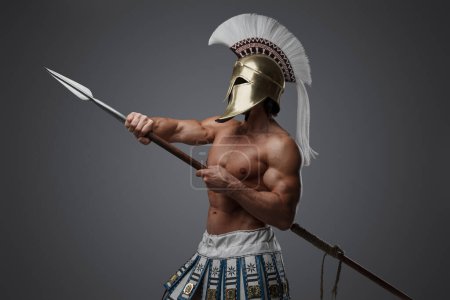 Photo for Studio shot of strong greek man with plumed helmet and spear against gray background. - Royalty Free Image