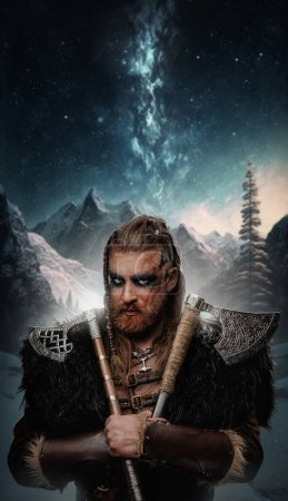 Art of scandinavian warrior from past with makeup against forest and starry sky.