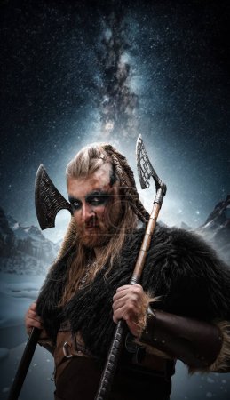 Art of scandinavian warrior with makeup and axes against forest and starry sky.