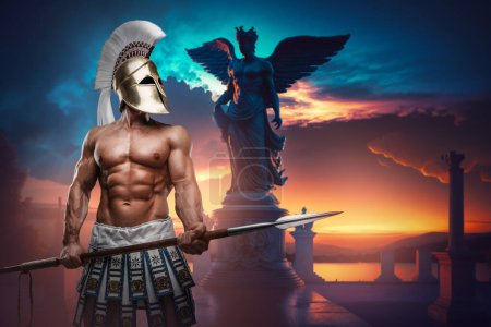 Photo for Art of powerful warrior from ancient greece with naked torso and plumed helmet. - Royalty Free Image