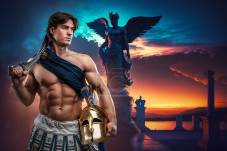 Photo for Art of determined greek swordsman from past holding plumed helmet. - Royalty Free Image