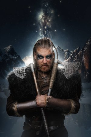 Art of medieval viking dressed in fur and armor looking at camera against stars.