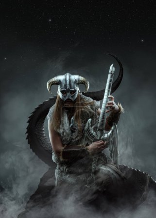 Photo for Art of ancient viking barbarian playing guitar against night sky fog and mystical tail. - Royalty Free Image