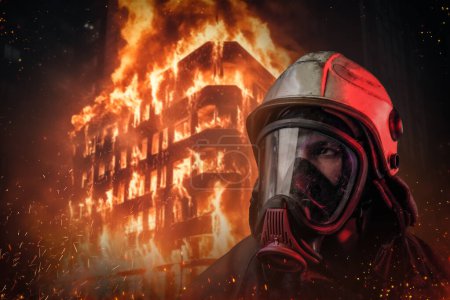 Un valiente bombero con equipo protector y máscara de oxígeno está rodeado de llamas y chispas frente a un edificio en llamas