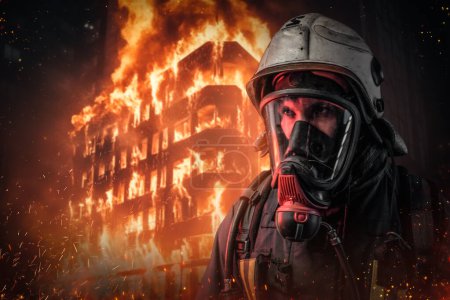 Photo for A courageous firefighter in protective gear and oxygen mask stands surrounded by flames and sparks in front of a burning building - Royalty Free Image