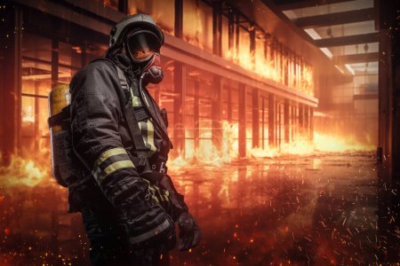 Téléchargez les photos : Frappant pompier audacieux et confiant en équipement de protection complet et masque à oxygène, entouré de flammes ardentes à l'intérieur d'un immeuble de bureaux. L'image représente la bravoure et l'altruisme face au danger - en image libre de droit