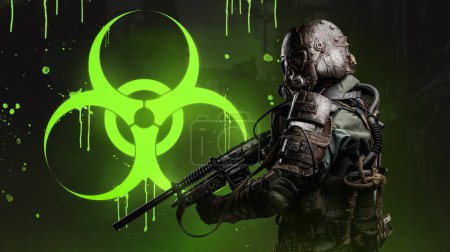 Téléchargez les photos : Soldat post-apocalyptique entouré de toxicité, tenant un fusil conceptuel et une armure anti-biologique unique conçue pour protéger contre les dangers d'une friche biologiquement toxique - en image libre de droit