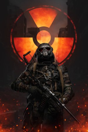 Photo for Post-apocalyptic soldier, protected by a unique suit, stands against a backdrop of a nuclear safety sign. He carries a conceptual rifle, a symbol of survival in a radioactive wasteland - Royalty Free Image