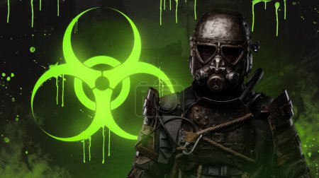 In einer postapokalyptischen Welt steht ein Soldat in einzigartiger antibiologischer Rüstung vor einem massiven grünen Gefahrenschild, während er ein Gewehr in der Hand hält.
