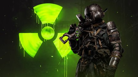 Soldier stands against a massive green nuclear protection sign, showcasing the dangers of the aftermath of nuclear war. The soldier is equipped with a conceptual rifle anti-nuclear armor and helmet