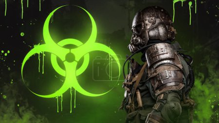 Photo for In a post-apocalyptic world, a soldier wearing unique anti-biological armor stands before a massive green biological hazard sign while holding a conceptual rifle - Royalty Free Image