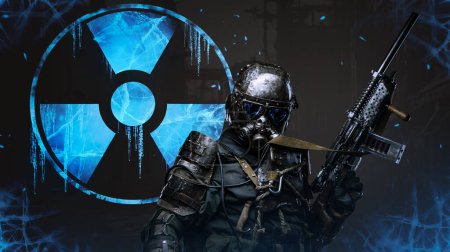Soldier stands against a backdrop of a massive nuclear protection sign in cold, signaling a world ravaged by nuclear winter. He equipped with specialized anti-nuclear armor and a conceptual rifle