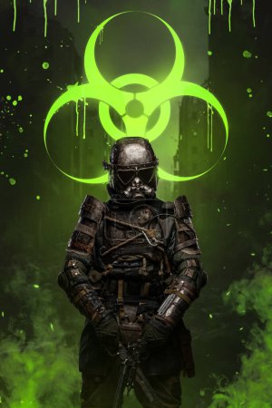 Photo for Post-apocalyptic soldier stands surrounded by toxicity, holding a conceptual rifle and unique anti-biological armor designed to protect against the dangers of a biologically toxic wasteland - Royalty Free Image