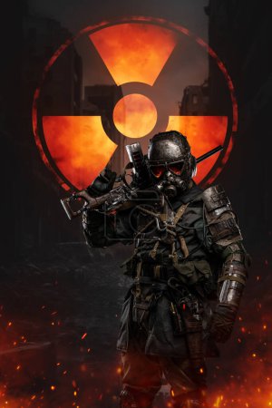 Photo for Soldier in futuristic armor, made for shielding against radiation, holds a conceptual rifle amidst blazing atmosphere. Backdrop features a massive sign of nuclear protection in a world ravaged by war - Royalty Free Image