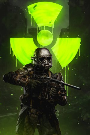 Photo for Soldier stands against a massive green nuclear protection sign, showcasing the dangers of the aftermath of nuclear war. The soldier is equipped with a conceptual rifle anti-nuclear armor and helmet - Royalty Free Image