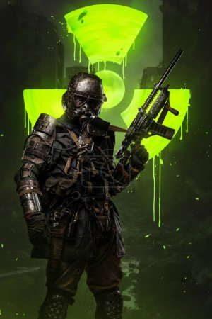 Photo for Post-apocalyptic soldier stands surrounded by toxicity, holding a conceptual rifle and unique anti-nuclear armor designed to protect against the dangers of a nuclear - Royalty Free Image