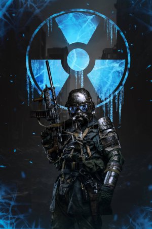 Photo for Post-apocalyptic soldier stands in a frigid, icy environment holding a conceptual rifle and helmet, encased in unique armor designed for protection against the aftermath of a nuclear winter - Royalty Free Image