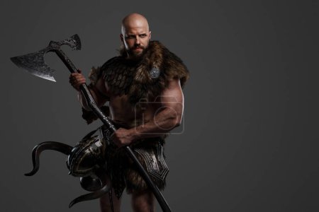 Photo for A strong and intimidating Viking man in a beard and bald head, dressed in animal fur and light armor, with a helmet hanging from his belt, brandishing a huge axe against a gray background - Royalty Free Image