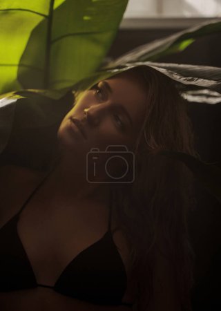 Photo for Sexy blonde in a black bikini poses in the shade of palm leaves illuminated by bright sunlight, embracing the tropical concept and the idea of vacation in tropical countries - Royalty Free Image