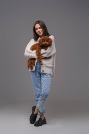 Photo for Stylish young brunette woman in casual wear cradling her cherished brown toy poodle, posed before a gray studio backdrop - Royalty Free Image
