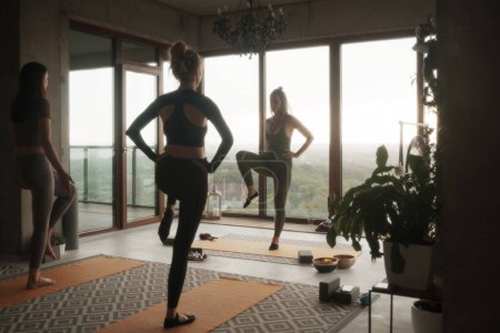 Téléchargez les photos : Filles en vêtements de sport s'engager dans le yoga et la méditation lors d'une session de groupe dans un appartement donnant sur le paysage urbain - en image libre de droit