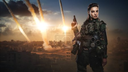 Photo for Female soldier in military uniform striking a pose against the backdrop of a missile attack on a Middle Eastern city, with multiple rocket trails crisscrossing the sky - Royalty Free Image