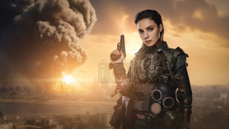 Photo for A confident female soldier in military uniform posing in front of a massive bomb explosion falling on a Middle Eastern city - Royalty Free Image