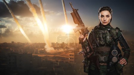 Photo for The portrait of a self-assured female soldier in military attire, defiantly posing as rockets rain down on a Middle Eastern city, leaving trails of destruction in the sky - Royalty Free Image