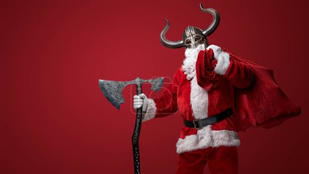 Santa Claus in a Viking helmet, wielding a decorative axe, combining tradition and fantasy
