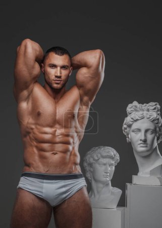 Téléchargez les photos : Bel homme exsudant un charme robuste, avec une poitrine musculaire impeccable, posant fièrement à côté de statues grecques antiques sur un fond gris - en image libre de droit