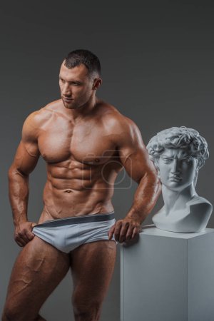 Foto de Hombre guapo exudando un encanto rugoso con confianza mostrando su físico musculoso inmaculado mientras está de pie junto a estatuas griegas antiguas contra un fondo gris - Imagen libre de derechos