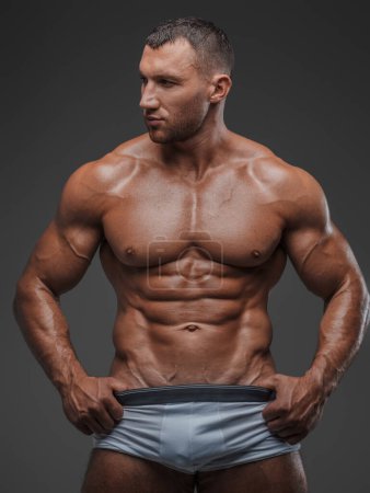 Photo for Portrait of a rugged man with a well-groomed model appearance, wearing white briefs, and showcasing his bare muscular torso against a gray background - Royalty Free Image